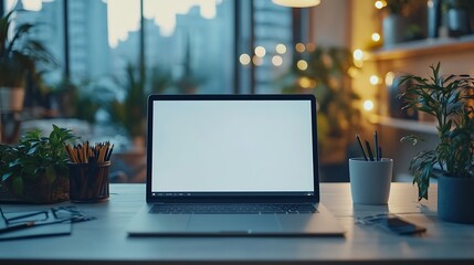 Laptop device mock up template design on office workplace desk white mockup empty blank computer screen on office work table business web technology at modern workspace closeup : Generative AI