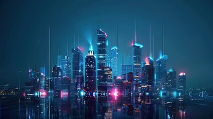 Fototapeta premium Conceptual Art of Futuristic Cityscape with Glowing Skyscrapers Neon Lights and Advanced Techn ology Reflecting a Visionary Imaginative and Innovative