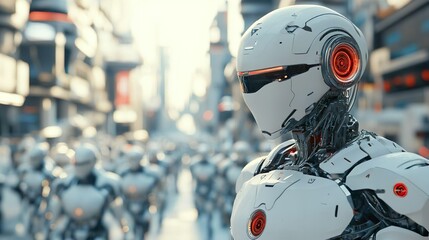 High-tech robot with glowing eyes and helmet for dynamic digital imagery