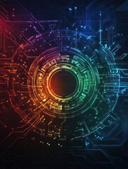 Fototapeta premium A vibrant digital design featuring a circular pattern with colorful circuit-like elements.