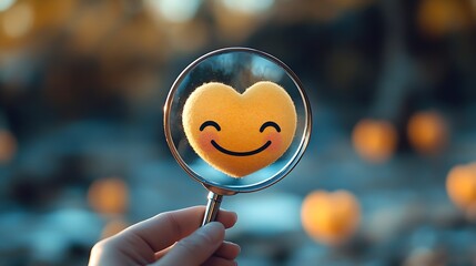 A hand holds a magnifying glass over a smile face with a heart symbolizing the search for positivity among neutral and sad expressions in customer service satisfaction feedback concept : Generative AI