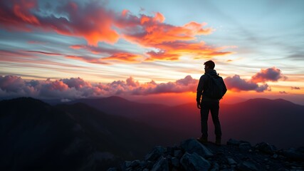 Fototapeta premium Solitary Hiker Gazing at Fiery Sunset on Rocky Mountain Summit as Red and Gold Clouds Glow Over Peaks