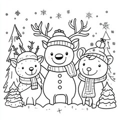Fototapeta premium Cute Reindeer Friends in Winter Wonderland Coloring Page