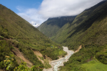 River winding between hills on the Salkantay Trek near Machu Picchu, Peru