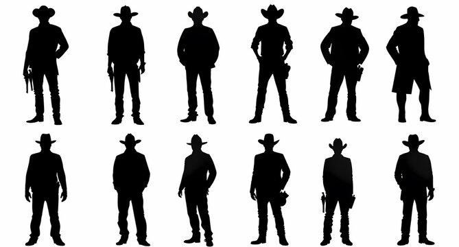 Silhouettes of male cowboys in various poses showcasing Western attire.