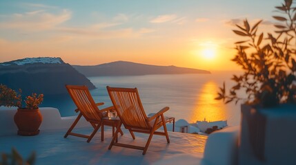Beautiful sunset at Santorini island Greece Chairs on the terrace with sea view Travel destinations concept : Generative AI