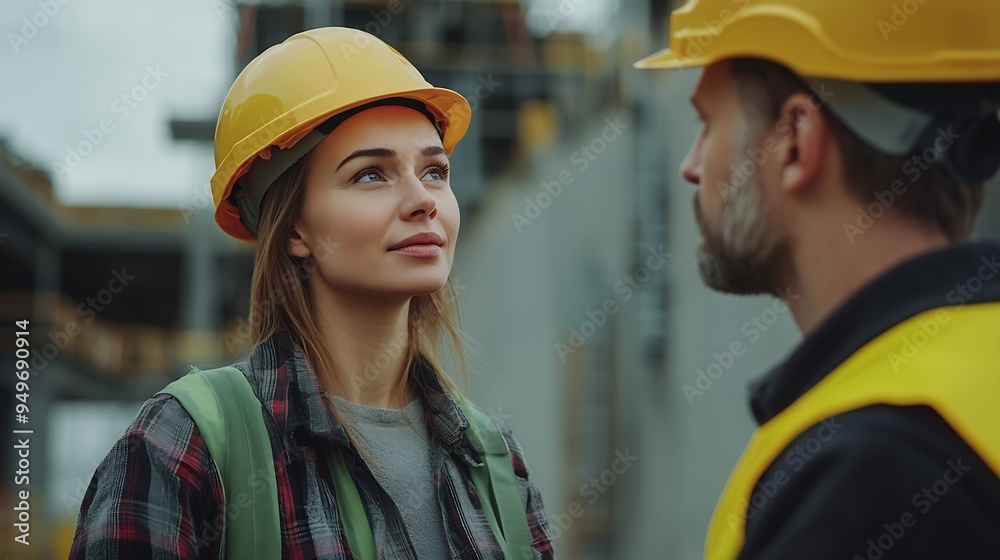 Leinwandbilder caucasian engineer in hardhats discussing on construction site engineer and female foreman worker te