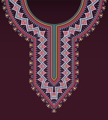 The intricate embroidery neck pattern design features colorful retro art, foliage, and floral motifs on a dark purple background. Spring and summer fashion design for women's round neck shirts.
