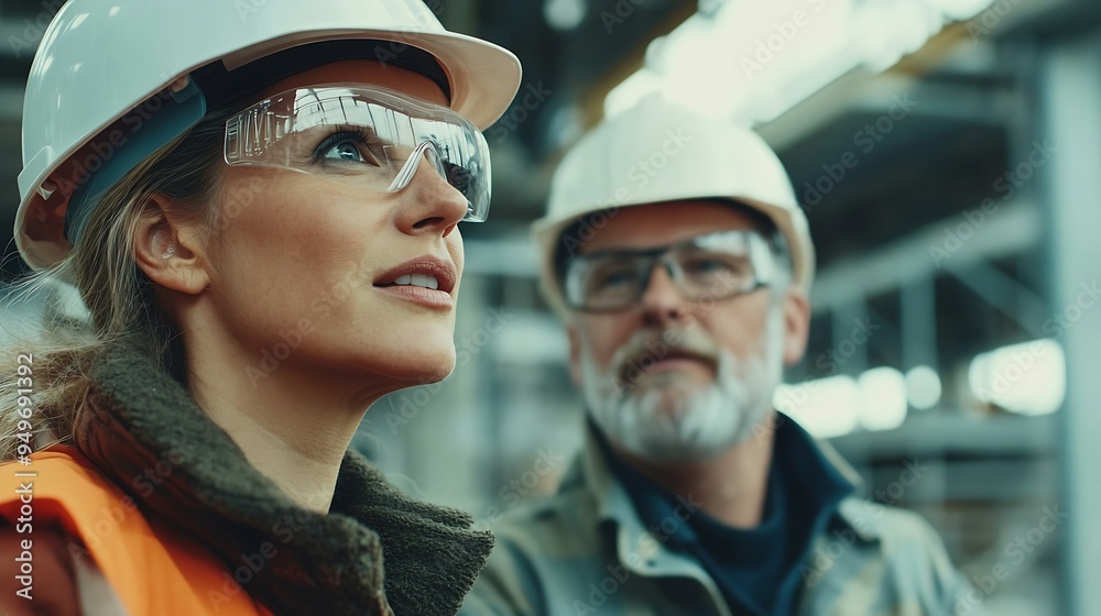 Poster Senior engineer and female foreman team checking project at precast concrete factory site Caucasian engineer and worker in hardhats discussing on construction site : Generative AI