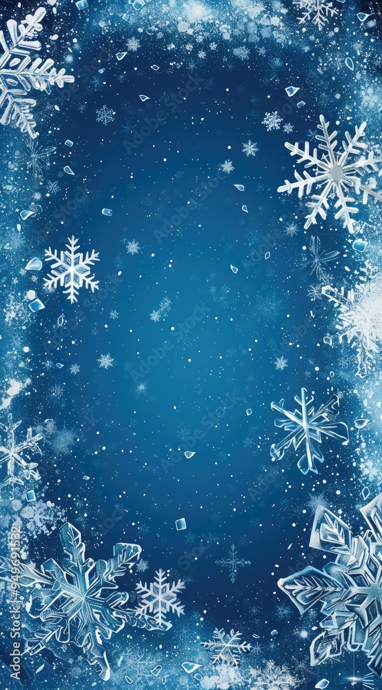 Fototapete Light blue background with snowflakes and white borders of various sizes and shapes on the edges