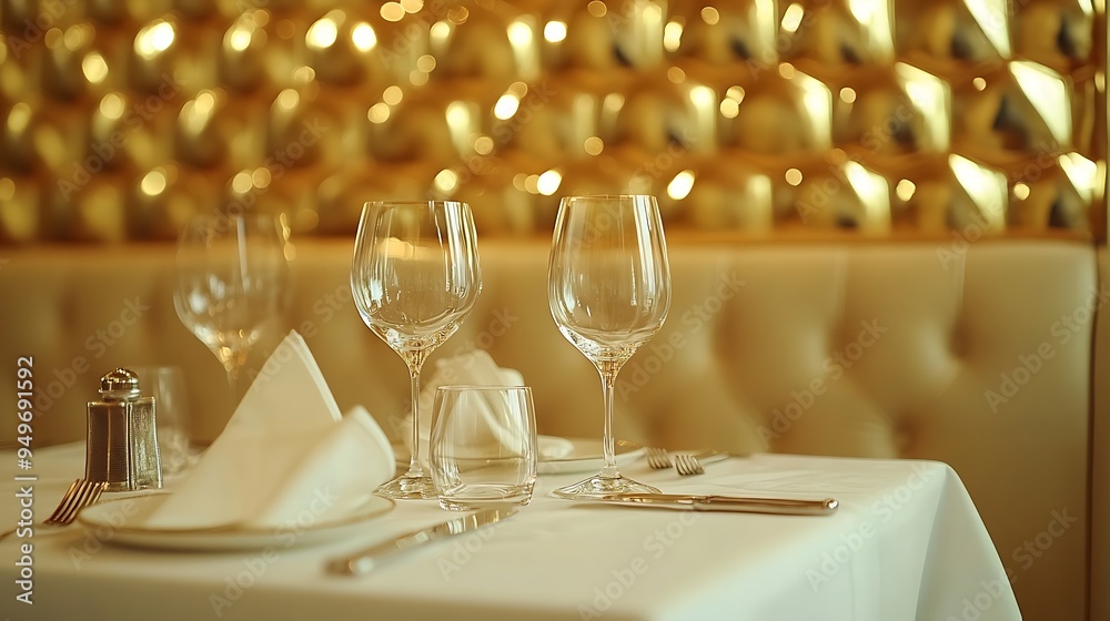 Wall mural photo of a modern dining table in an elegant room restaurant with luxurious gold walls : generative 