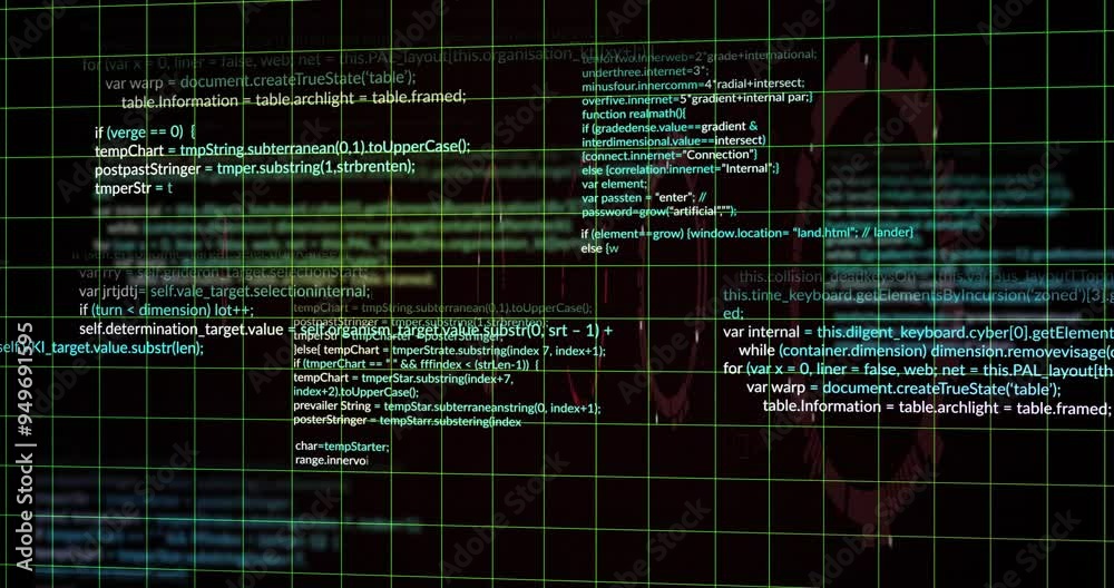 Poster computer code and data processing animation over grid background