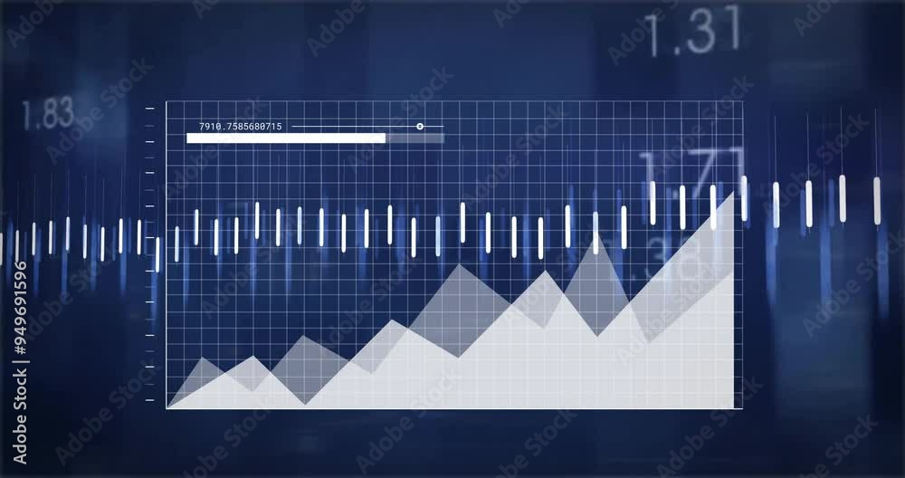 Poster graph with fluctuating data and sound wave animation over blue grid background