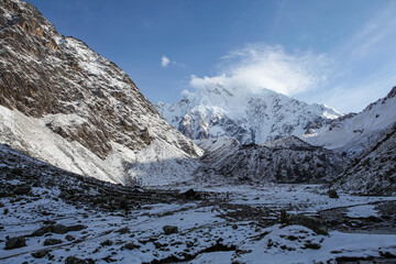 Cloud rolling over mountain on Salkantay trek in Peru