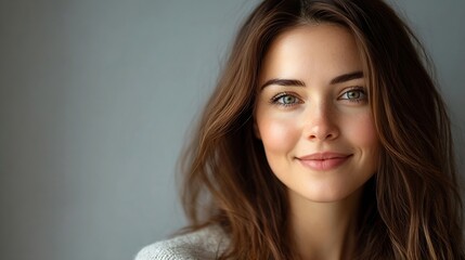 Portrait of beautiful smiling 30 years woman isolated on grey background closeup Copy space Banner Pretty face Looking at camera White skin big eyes and long brown hair European appear : Generative AI