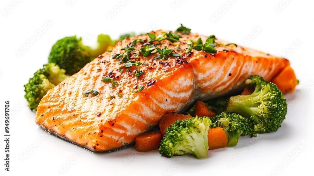 Poster baked salmon fillet with broccoli and vegetables mix isolated on white background : generative ai