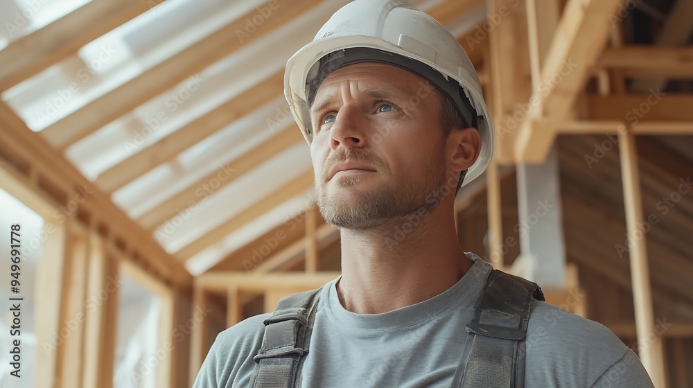Poster man builder engineer works at construction site builder in gray uniform foreman inside unfinished ho