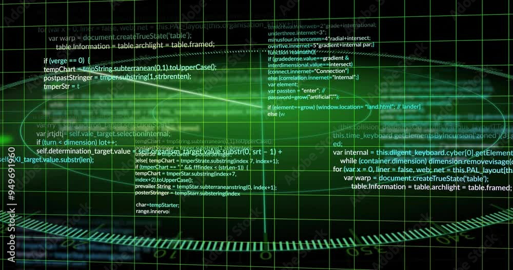 Poster computer code and data processing animation over green grid background