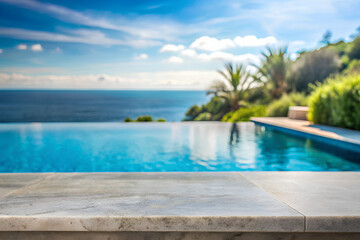 Empty top table blur and defocused swimming pool and sea background