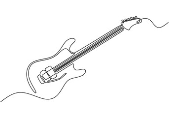 Minimalist continuous line drawing of an electric guitar symbolizing music on white background