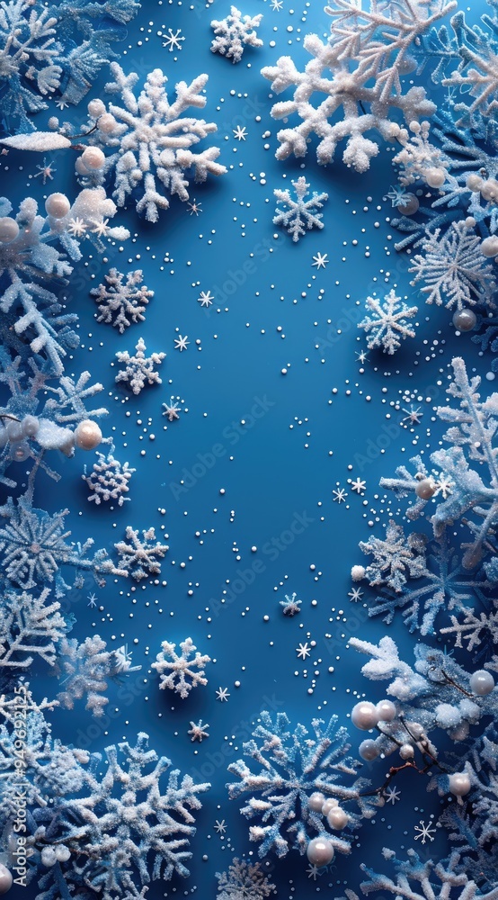 Fototapete Light blue background with snowflakes and white borders of various sizes and shapes on the edges