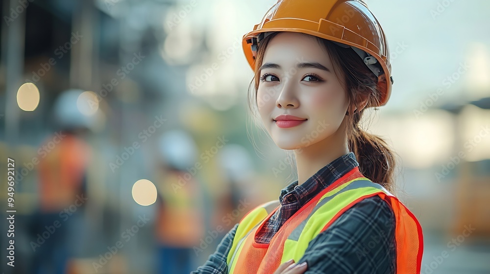 Aufkleber portrait of happy beautiful woman engineer worker with safety vest and helmet stands with arms cross