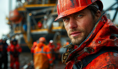 A rugged worker assesses operations on a rainy oil rig at dawn. A worker stares intently while dressed in waterproof gear aboard an oil rig