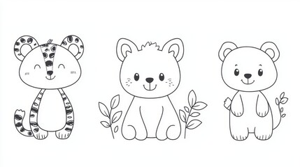 Cute Cartoon Animals Set Lion Tiger Bear Black and White Line Art Doodle Illustration