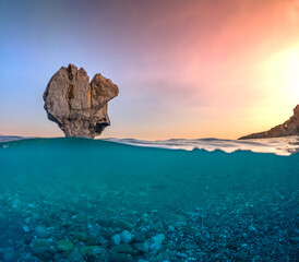 Preveli beach at Libyan sea, river and palm forest, southern Crete , Greece