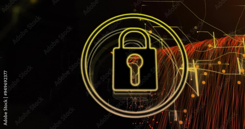 Poster lock symbol with circular lines, data security animation over abstract digital background