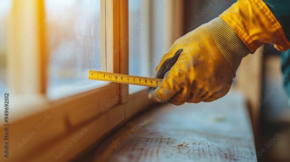 Poster Technician worker in uniform using measuring tape tool to measuring wood window in the home construction site repair and fix for problem in the house : Generative AI