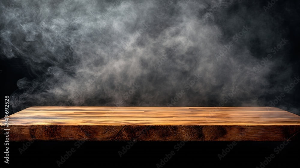 Aufkleber On a black background an empty wooden table with smoke floats up Empty space for displaying your products with a smoke float up on a dark background Space available for displaying your : Generative AI