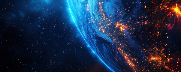 Obraz premium Abstract digital technology background with blue and orange glowing connection dots illustrating business, internet global connectivity with polygonal mesh globe illustration