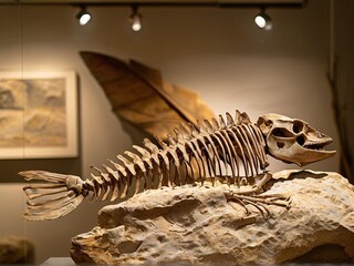 A fossilized skeleton of an ancient marine reptile, possibly a plesiosaur,  is displayed on a rock in a museum exhibit.