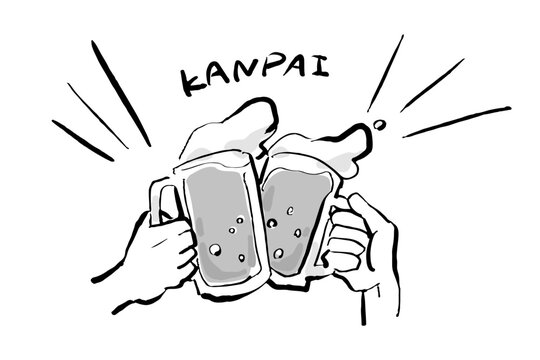 ビールの乾杯イラスト(KANPAI、グレースケール)