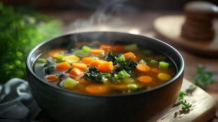 A steaming bowl of homemade vegetable soup with carrots, celery, and greens, perfect for a healthy meal. Rustic background adds to the cozy ambiance.