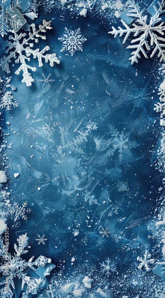 Fototapete Light blue background with snowflakes and white borders of various sizes and shapes on the edges