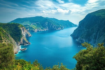 Obraz premium A Panoramic View of a Deep Blue Sea Between Two Lush Green Cliff Sides