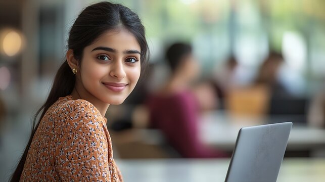 Recruitment Concept Indian Asian Girl Browsing Work Opportunities Online Using Job Search App or Website on Laptop Copy Space : Generative AI - Powered by Adobe