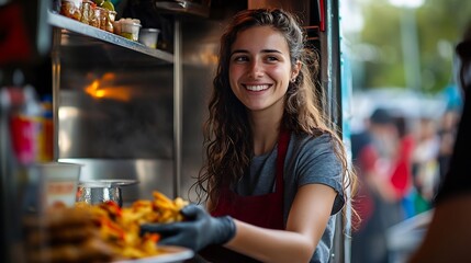 Fototapeta premium Happy cook working and serving fast food to a couple of customers at the food truck : Generative AI
