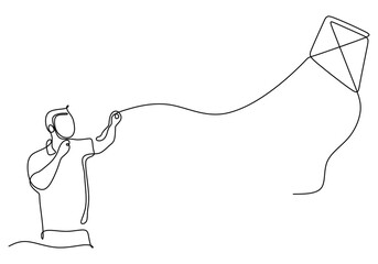 Minimalist Continuous Line Drawing of a Man Flying a Kite