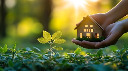 House energy efficiency energy efficient rating class concept eco home renovation save cost Lowconsumption ecological house Hand holding Green Building for Sustainable Development Conc : Generative AI