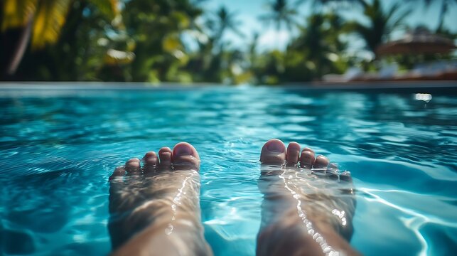 Hotel foot and swimming in pool luxury and holiday in summer travel and relax for person in trip Tourist vacation and outdoor for water calm and blue in color toes and paradise in Mald : Generative AI