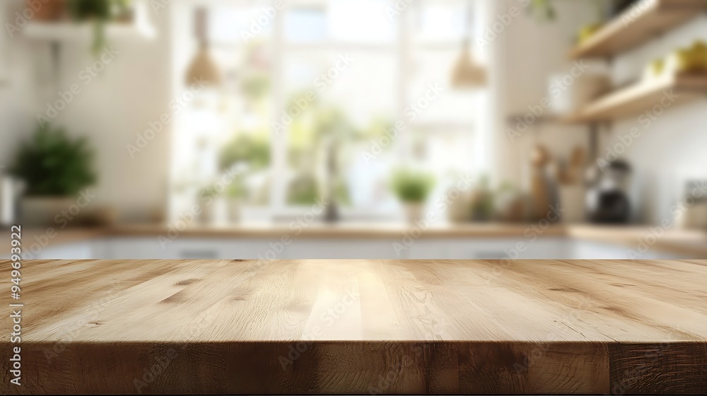 Aufkleber kitchen table background wood counter top on blur of white clean abstract home interior with bokeh u