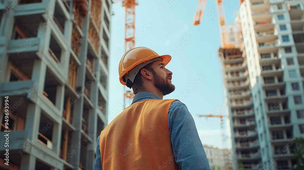 Poster Tablet engineer and man with helmet on construction site for development or building in city on project Male person tech and architecture as manager for progress in industrial design a : Generative AI