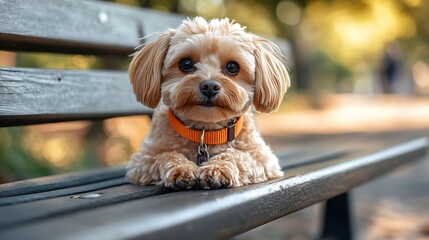 an orange collar for a small dog lies on an empty bench in the park : Generative AI