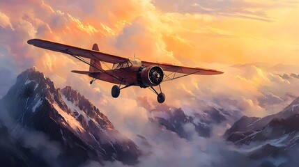 Classic vintage plane with iconic aviator goggles, painted in watercolor, soaring over a serene mountain range at dawn, with mist and sunlight