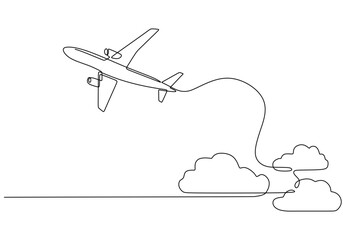 Minimalist Continuous Line Art of Airplane Flying Through Clouds