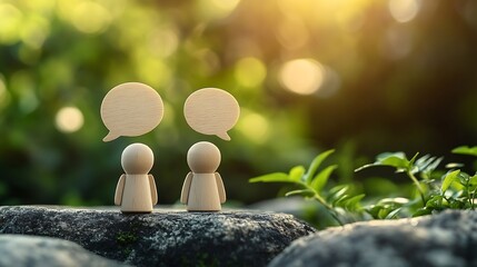 Wood peg doll with pop up of empty speech bubbles A speech bubble indicating conversation in life : Generative AI