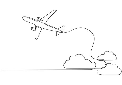 Minimalist Continuous Line Art of Airplane Flying Through Clouds